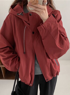IPT户外休闲连帽抽绳短外套女 春季新款宽松防风夹克韩版百搭上衣