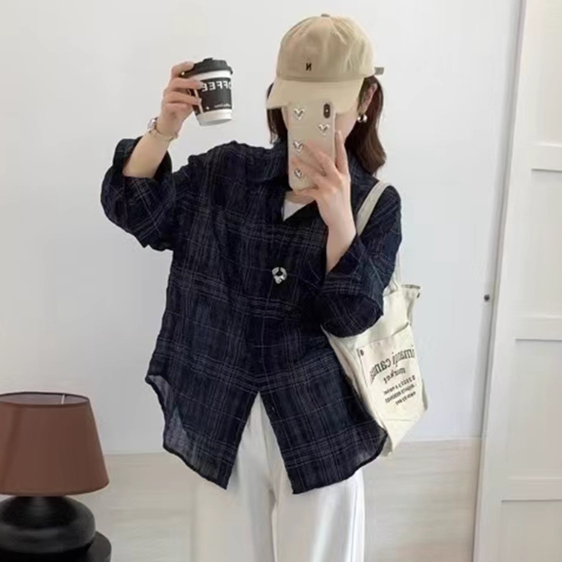 韩系苎麻显瘦格子衬衫女宽松百搭