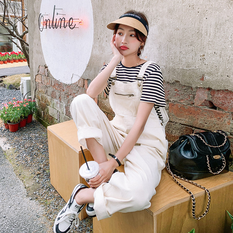 复古港风阔腿背带裤女2023夏季新款韩版设计感小个子炸街休闲长裤，女装牛仔裤，浙宝190