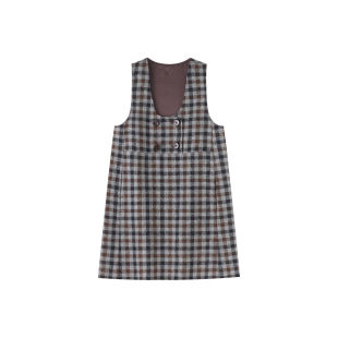 A字长裙显瘦1053 复古格子背心连衣裙女无袖 定制女装 绵羊毛