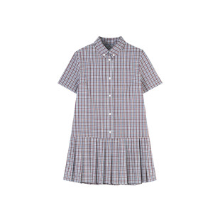 定制女装 翻领格纹连衣裙夏棉莫代尔苎麻拼接百褶裙摆学院0631
