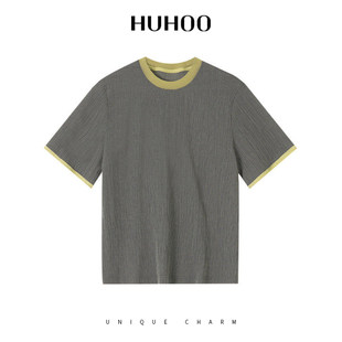 定制女装 撞色竖纹混纺短袖莱赛尔桑蚕丝复古极简百搭T恤0370