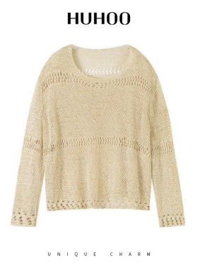 定制女装 亚麻棉针织衫女百搭宽松圆领夏季镂空老钱风上衣0451