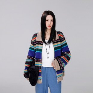 定制女装 翻领拉链毛衣外套1040 羊绒绵羊毛复古撞色条纹针织开衫