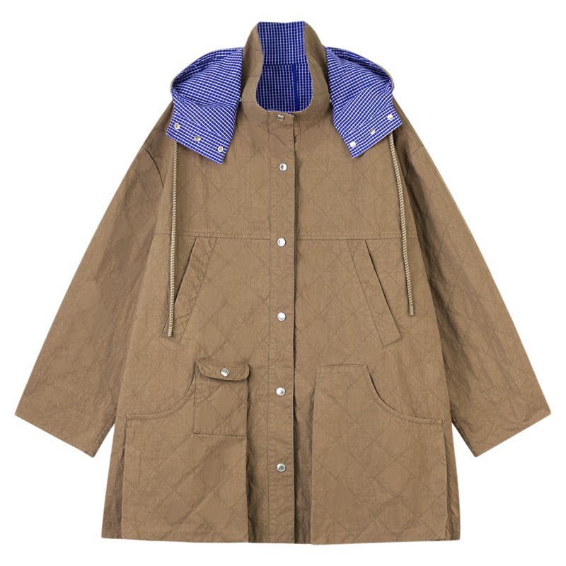 定制女装 剑麻棉连帽外套蓝白格纹衬里复古工装风宽松外套0823