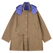 定制女装 风宽松外套0823 剑麻棉连帽外套蓝白格纹衬里复古工装