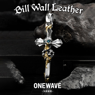 BillWallLeather三重骷髅宝石眼鎏金宝剑十字架吊坠 BWL项链纯银