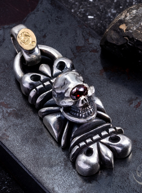 高山隆点金玛雅红眼骷髅吊坠 stoplight红宝石银饰美式机车项链