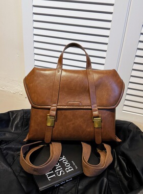 廿下英伦复古双肩包包女2025学院风手提公文包多用PU皮通勤背包