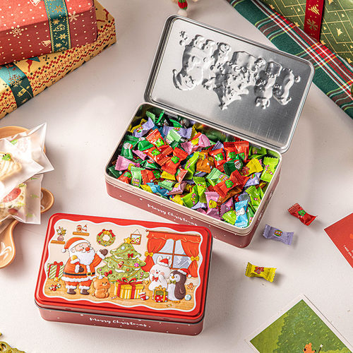 圣诞铁盒马口收纳长方形四糖果烘焙礼品礼物子红卡通罐空翻盖饼干
