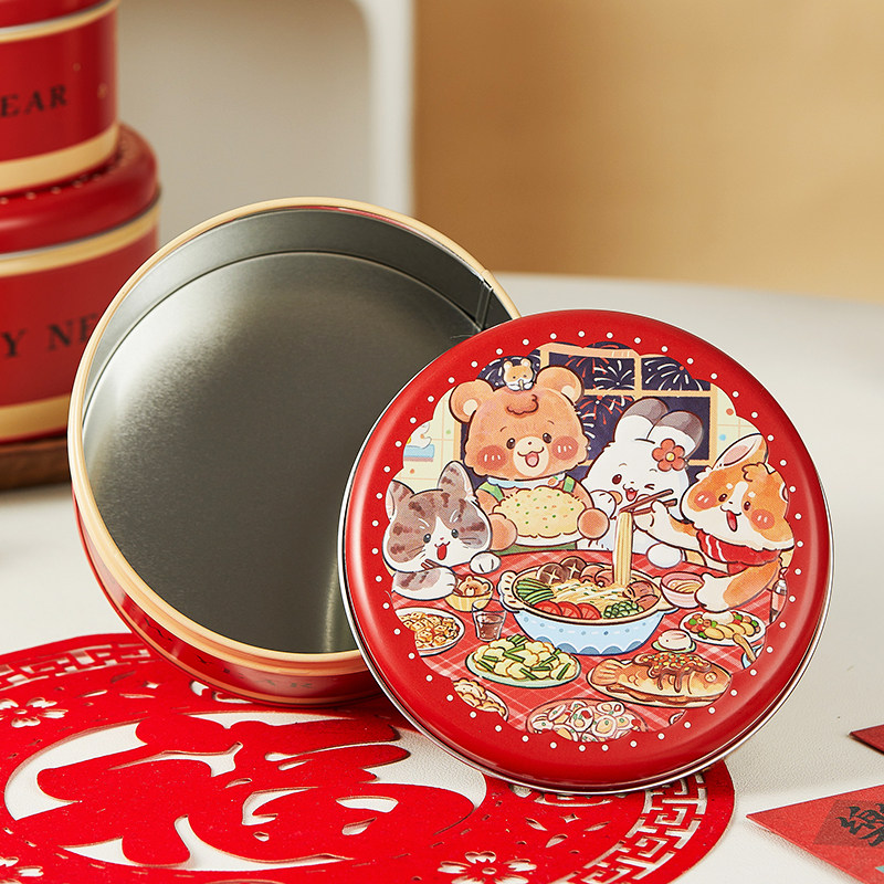 新年铁盒马口铁圆形饼干糖果零食盒子空包装礼盒收纳礼品物红2026