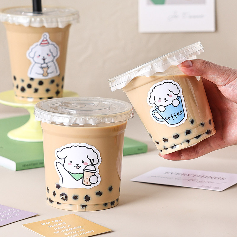 小狗奶茶杯贴纸网红标签创意咖啡卡通冷饮料瓶水果捞冰粉烘焙甜品