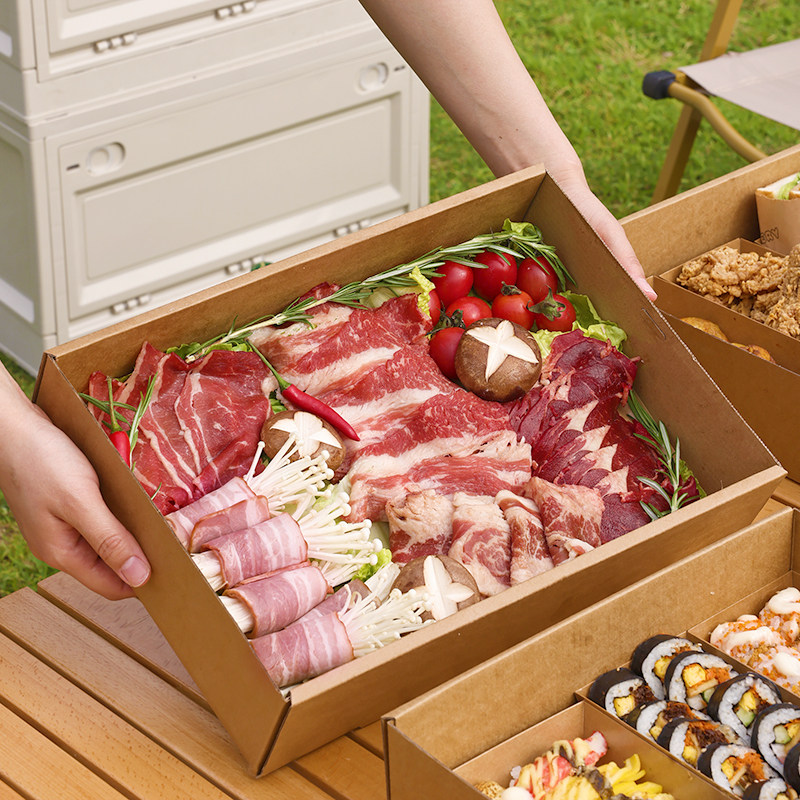 野餐盒子烤肉一次性便当牛皮纸打包带盖春游露营户外寿司网红用品