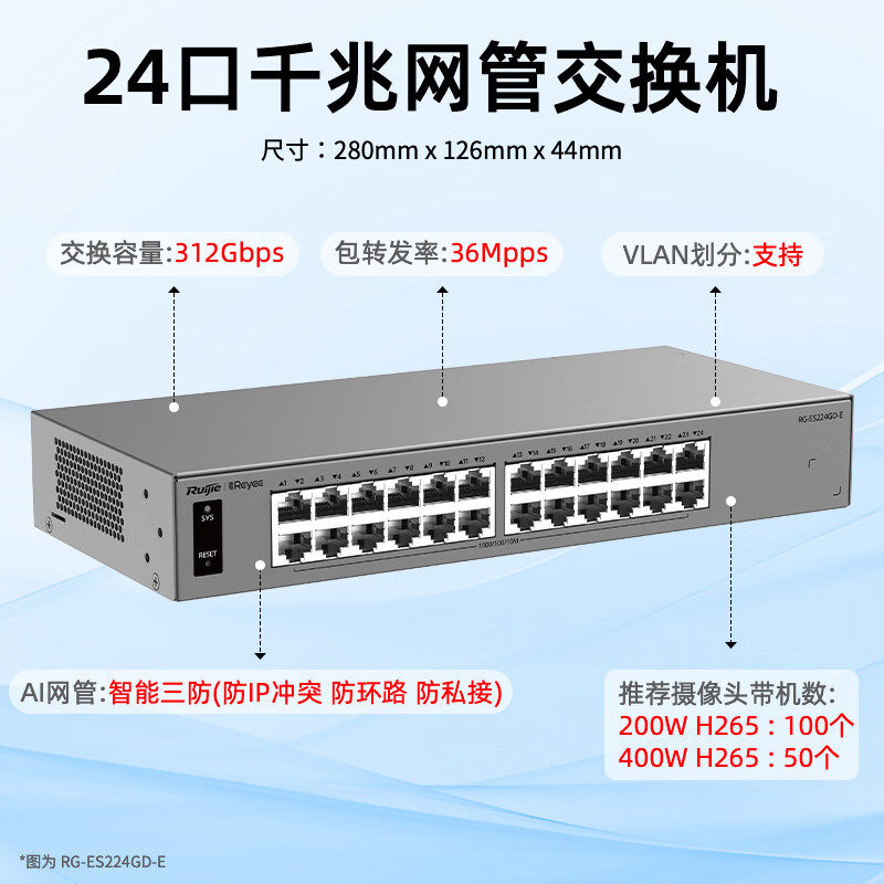 Ruijie锐捷睿易24口全千兆交换机RG-ES224GD-E 桌面式可上机架 AI云网管型网络集线器 智能三防 VLAN划分