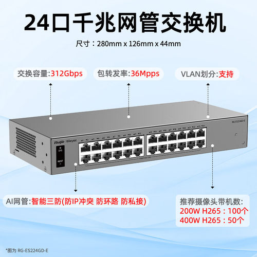 Ruijie锐捷睿易24口全千兆交换机RG-ES224GD-E 桌面式可上机架 AI云网管型网络集线器 智能三防 VLAN划分