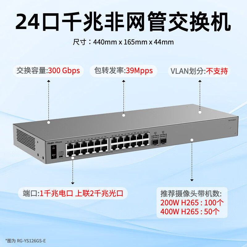 Ruijie锐捷睿易24口千兆交换机RG-YS126GS-E 非网管即插即用自组网 防雷 1个电口2个光口上联23个电口接入
