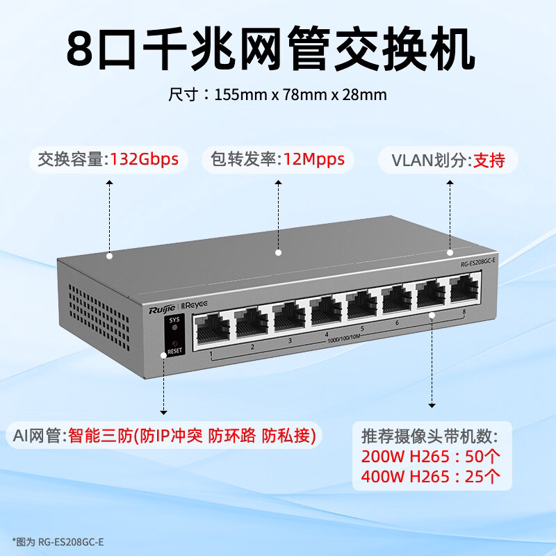 Ruijie锐捷睿易8口千兆交换机RG-ES208GC-E AI云网管型网络集线器 智能三防 APP远程管理 防雷 VLAN划分