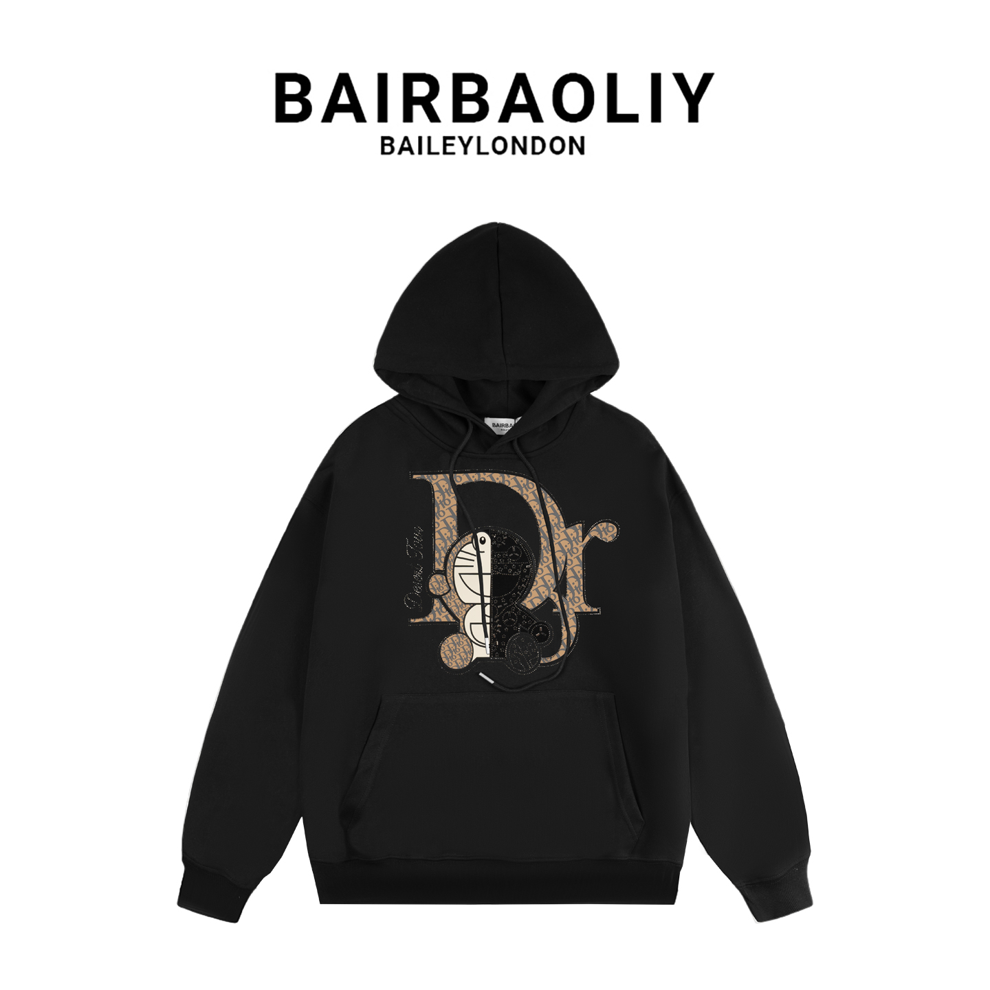 BAIRBAOLIY潮牌闪钻哆啦A梦联名款轻奢连帽情侣百搭卫衣秋冬上衣