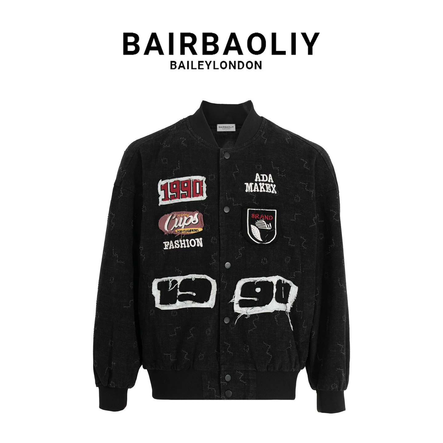 BAIRBAOLIY时尚徽章刺绣高端复古牛仔夹克男轻奢欧美街头痞帅外套