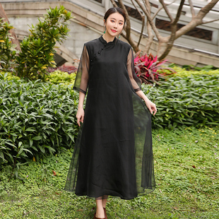 復古天絲亞麻歐根紗大碼 胖mm連衣裙2024夏裝 中式 女裝 新款 顯瘦裙子