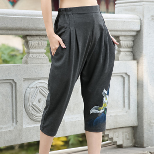 夏裝 子胖mm 5XL6XL大碼 休閑淡雅七分褲 手繪國(guó)風(fēng)媽媽褲 女褲 媽媽褲
