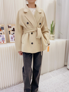 短款绵羊毛双面呢中长款女咖色简约外套