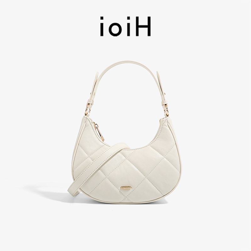 IOIH 高级感小众 白色菱格月牙包手拎小包包女单肩斜挎包气质百搭