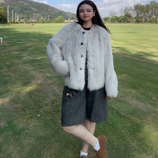 58055“北岛风格”进口托卡直毛一体冬时尚女外套超A圆领灰白中款