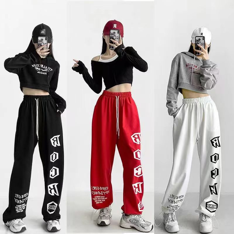 美式抽绳高街印花运动卫裤女束脚显瘦休闲高腰阔腿裤102B-K806P40图片