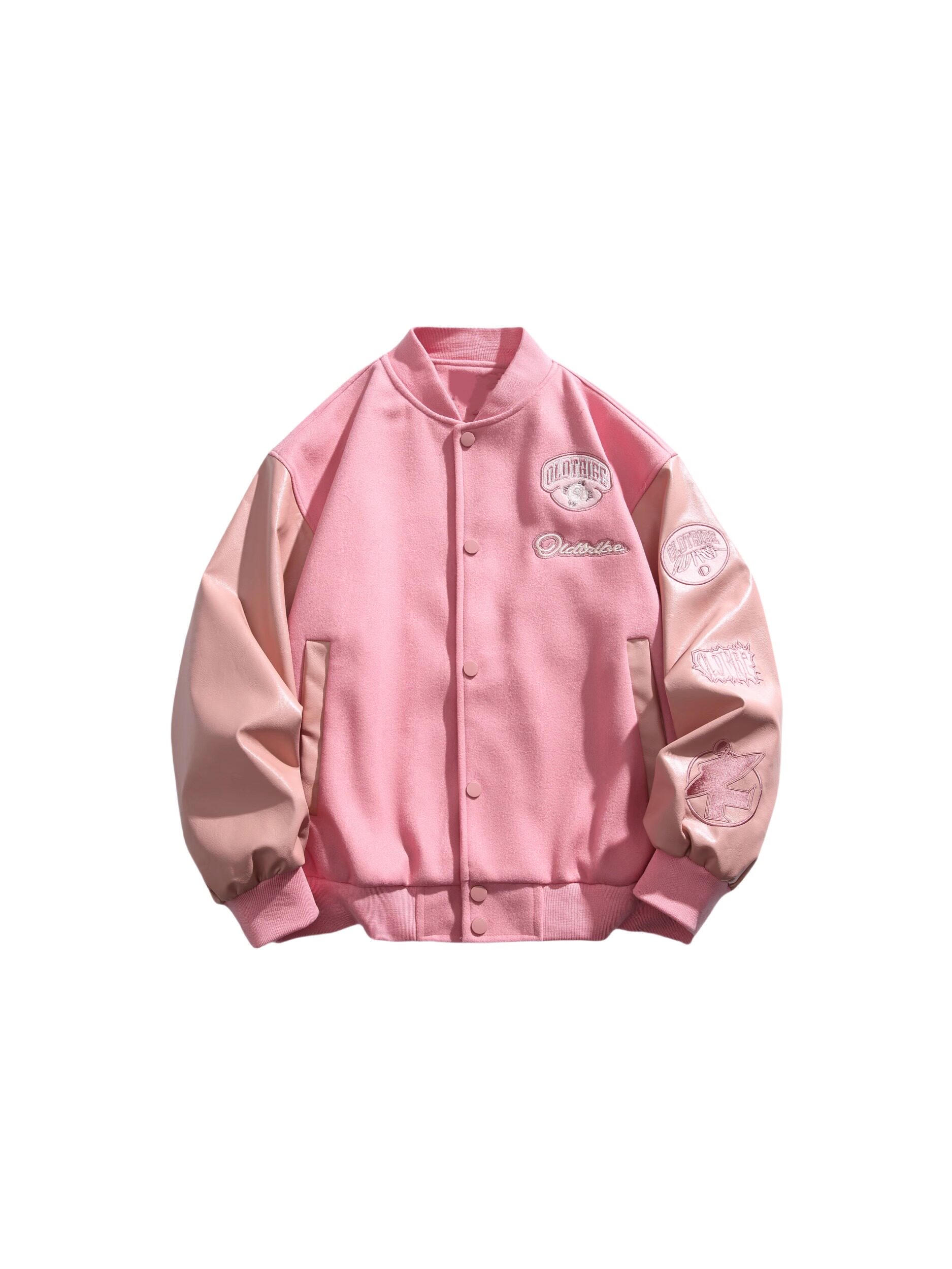 独特粉色刺绣皮袖拼接毛呢棒球服男2024秋季外套102B-JK8134P88,女装职业装,星座102B-2
