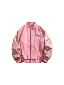 独特粉色刺绣皮袖拼接毛呢棒球服男2024秋季外套102B-JK8134P88图片