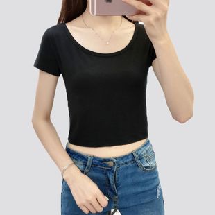 露脐瑜伽运动上衣夏 莫代尔圆领短袖 T恤女修身 百搭紧身打底衫 短款