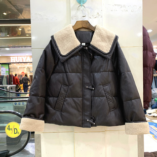 蓝泰10-1 羊羔毛海军娃娃领袖口毛牛角扣休闲短装鹅绒皮羽绒服冬