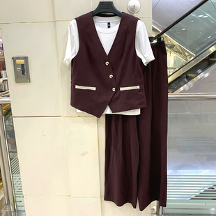 B26107 T恤斜纽扣马甲 柏菲尔BFE 短袖 春夏女 阔腿裤 洋气三件套装