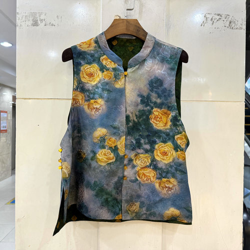 Q6009 时尚复古小碎花珍珠立领两面穿桑蚕丝香云纱马甲外套欧货夏