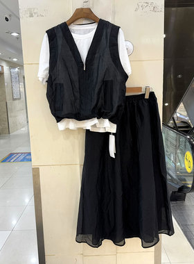 33-W2796撞色拉链假两件上衣+松紧腰中长半身裙天丝两件套欧货夏