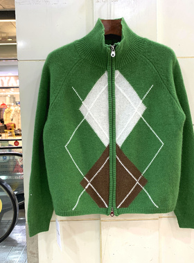 134-9923欧洲站冬季2025撞色立领菱形格羊绒羊毛百搭拉链毛衣开衫