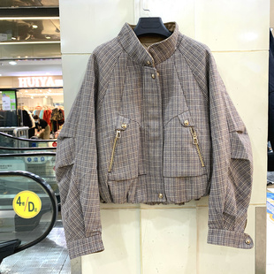 H-5137 欧货冬装2025新款泡泡袖立领格子休闲减龄短装羽绒服外套