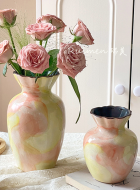 复古陶瓷花瓶抽象晕染粉黄色田园风水培插花客厅办公室装饰品摆件