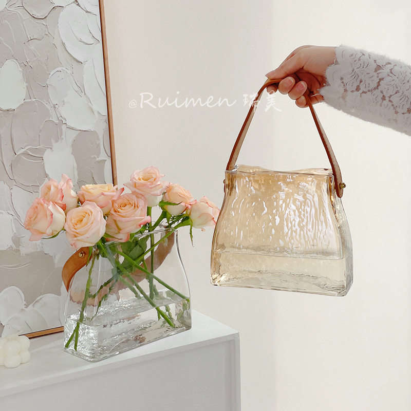 轻奢北欧冰川手提包包花瓶玻璃透明创意水培插花客厅餐桌摆件装饰