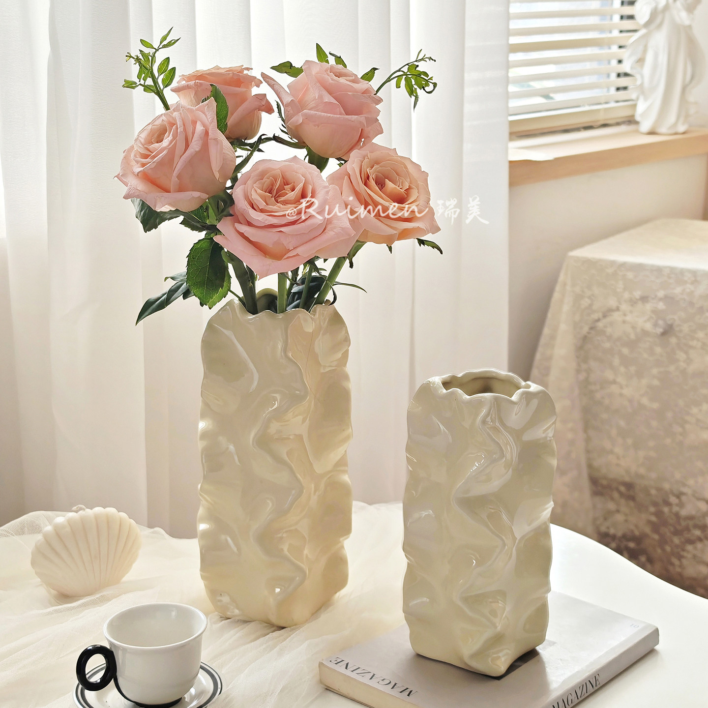 法式复古奶油风褶皱陶瓷花瓶高级感艺术插花摆件软装饰品家居花器,家居饰品,花瓶,淘宝优惠券,粉丝福利购,淘宝优惠卷