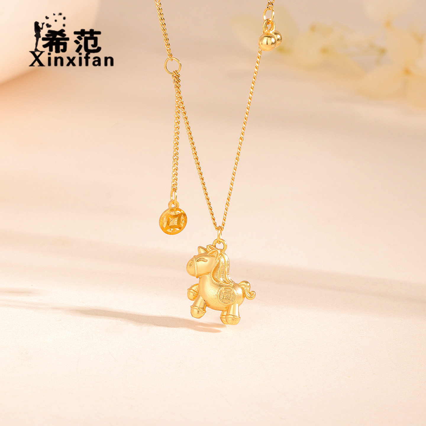 s925纯银卡通小马项链女3D立体可爱马上有钱花锁骨链小红书热销款