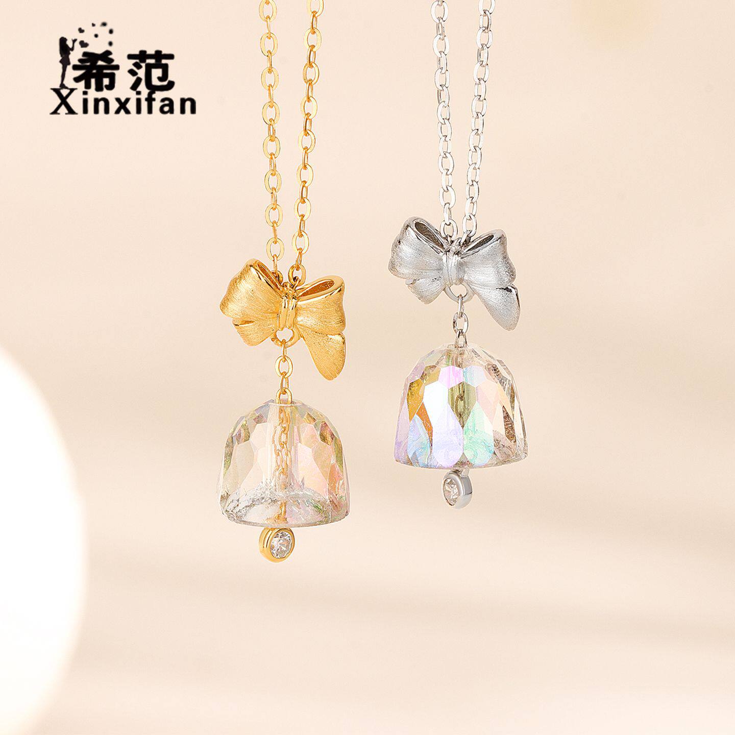 s925纯银拉丝蝴蝶结铃铛项链女灵动奥地利水晶吊坠圣诞节送礼物