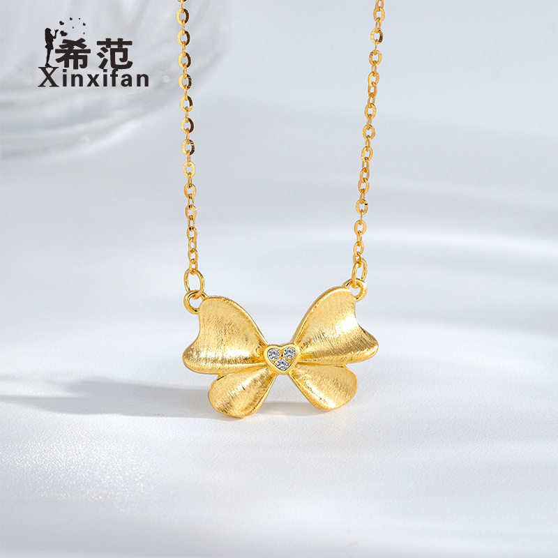 s925纯银蝴蝶结项链女拉丝工艺精致小巧百搭锁骨链2023年新款黄金