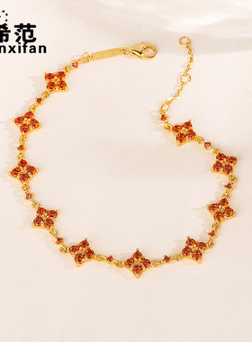 s925纯银石榴红锆石四叶草手链女