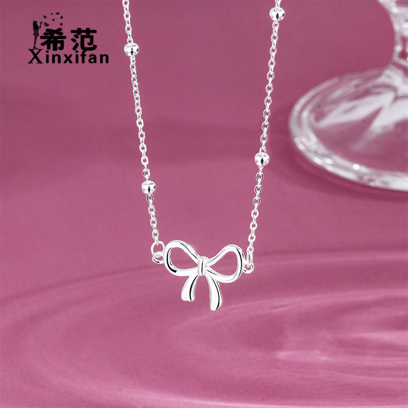 s925纯银蝴蝶结项链女圆珠链光面简约甜美精致气质通勤百搭锁骨链