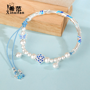 s925纯银青花珐琅莲花半镯手链女小众素银磨砂手串小众设计感百搭