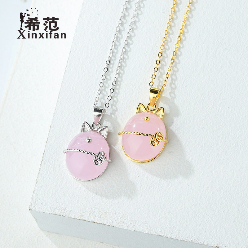 s925纯银芙蓉石猫咪项链女锁骨链韩版可爱招财猫吊坠百搭直播批发