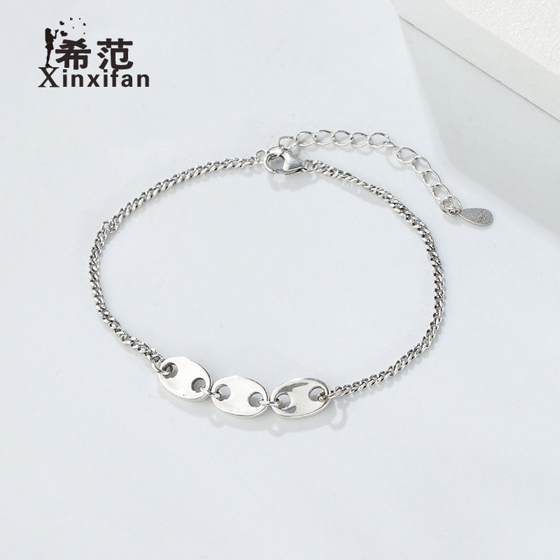 复古泰银做旧猪鼻子手链s925纯银韩国东大门网红可爱手饰时尚饰品