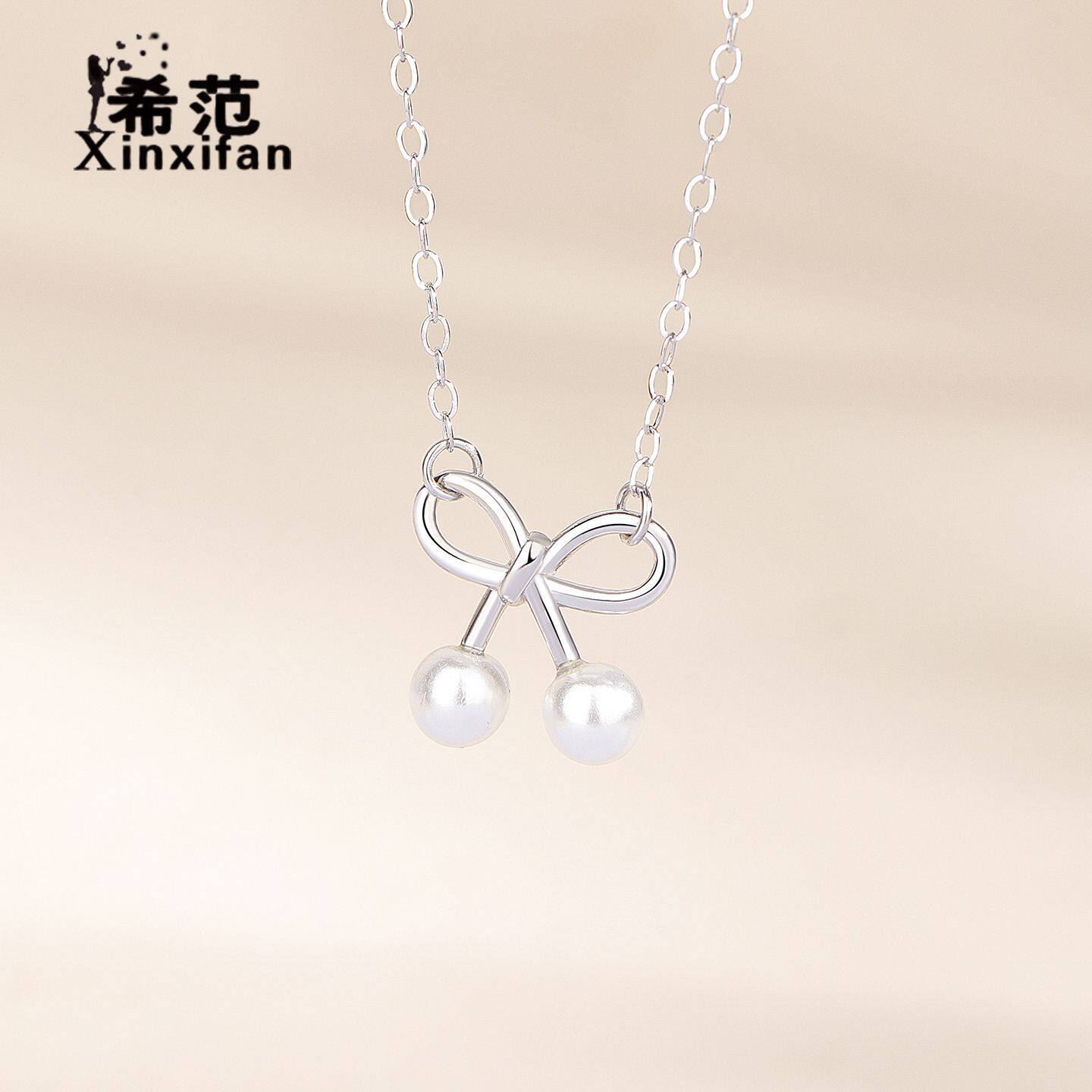 s925纯银线条蝴蝶结珍珠项链女韩版极简风精致学生锁骨链气质百搭